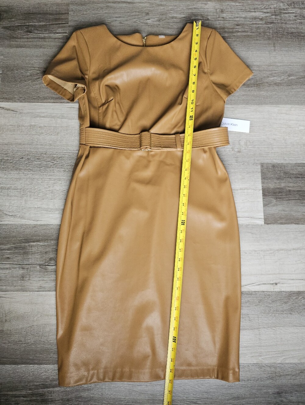 Calvin Klein Faux Leather Belted Sheath Dress NWT Luggage Brown - Picture 9 of 16